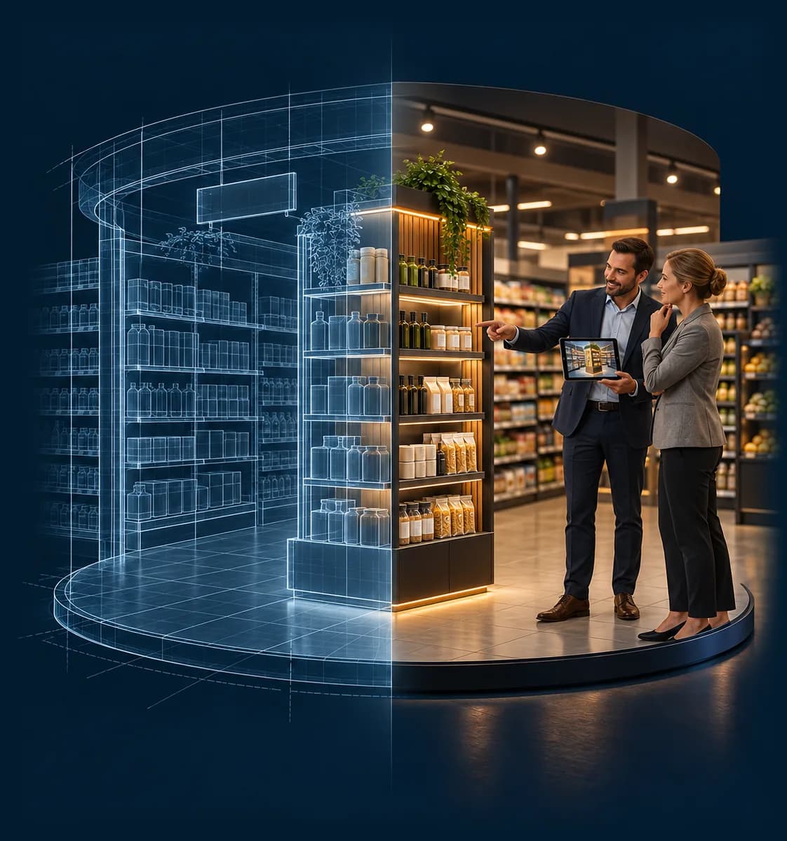 Mitad wireframe, mitad tienda real: dos personas revisan una colocación de PDV en una tableta dentro de un entorno comercial planificado en 3D.