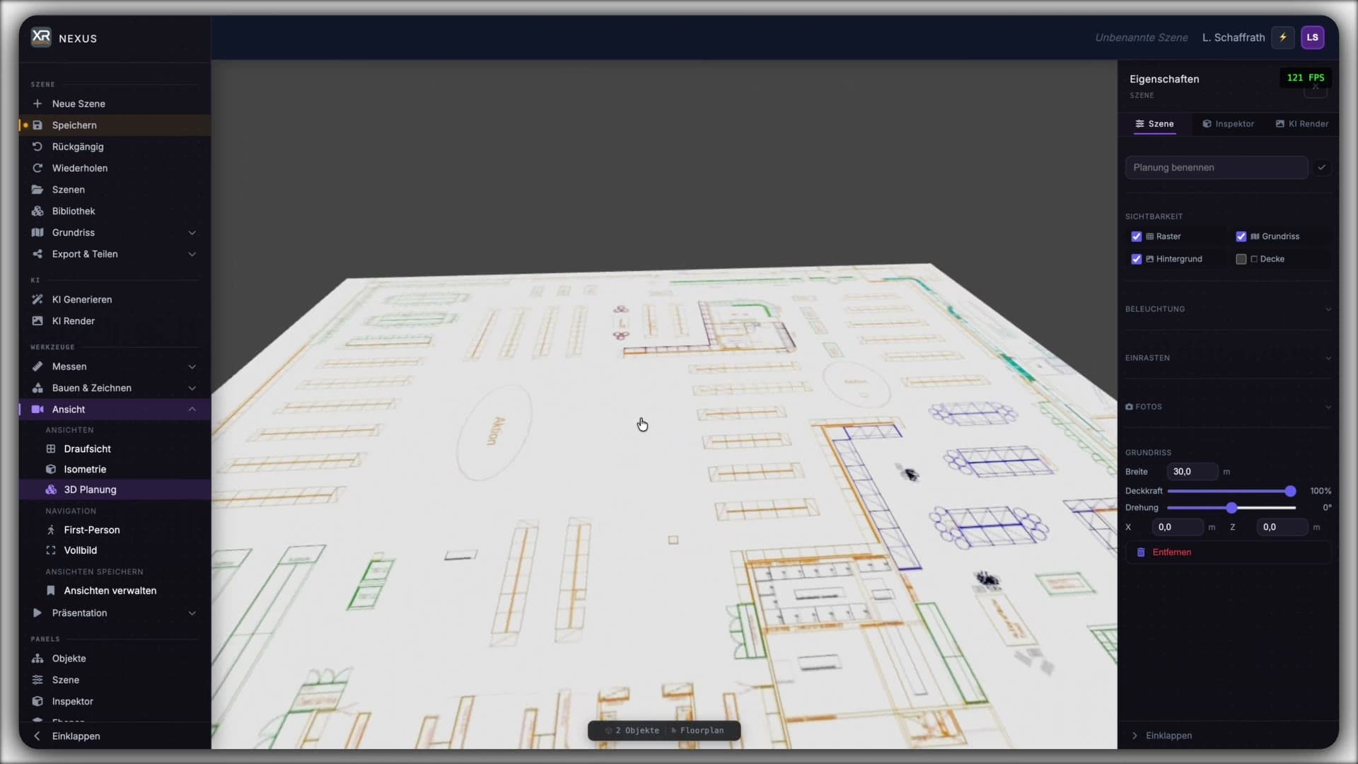 Screenrecording der NEXUS Anwendung: Grundriss-Planung und 3D-Objektplatzierung im Browser