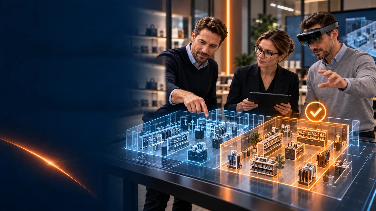 Drei Personen vergleichen Ladenlayout-Varianten an einem holografischen 3D-Modell eines Stores