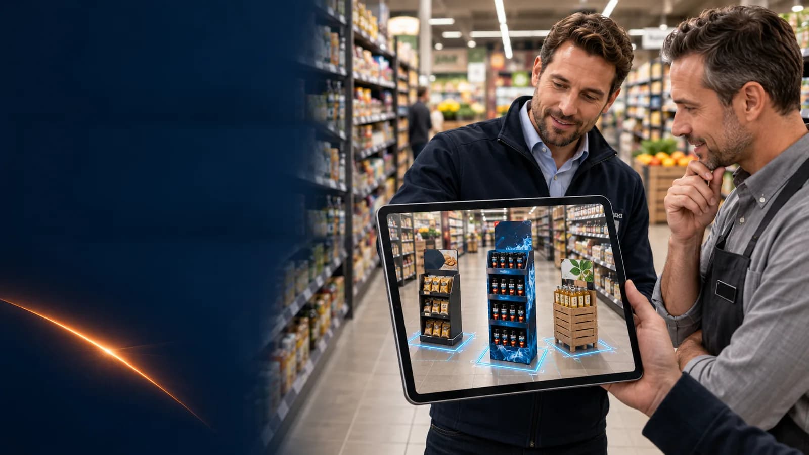 Außendienstmitarbeiter zeigt einem Marktleiter POS-Displays in Augmented Reality auf einem Tablet im Supermarktgang