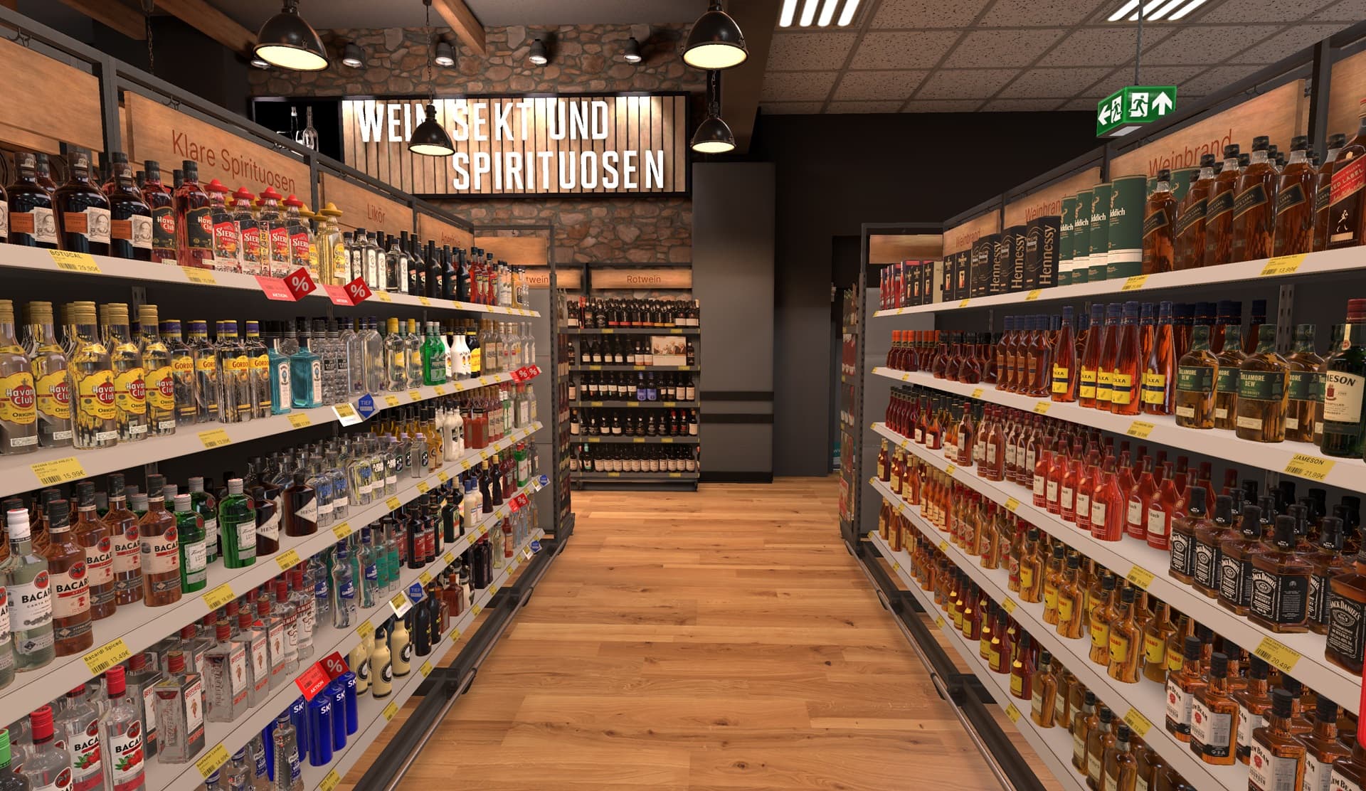 Fotorealistisch gerenderter Spirituosenmarkt mit Regalen voller 3D-Flaschenmodelle